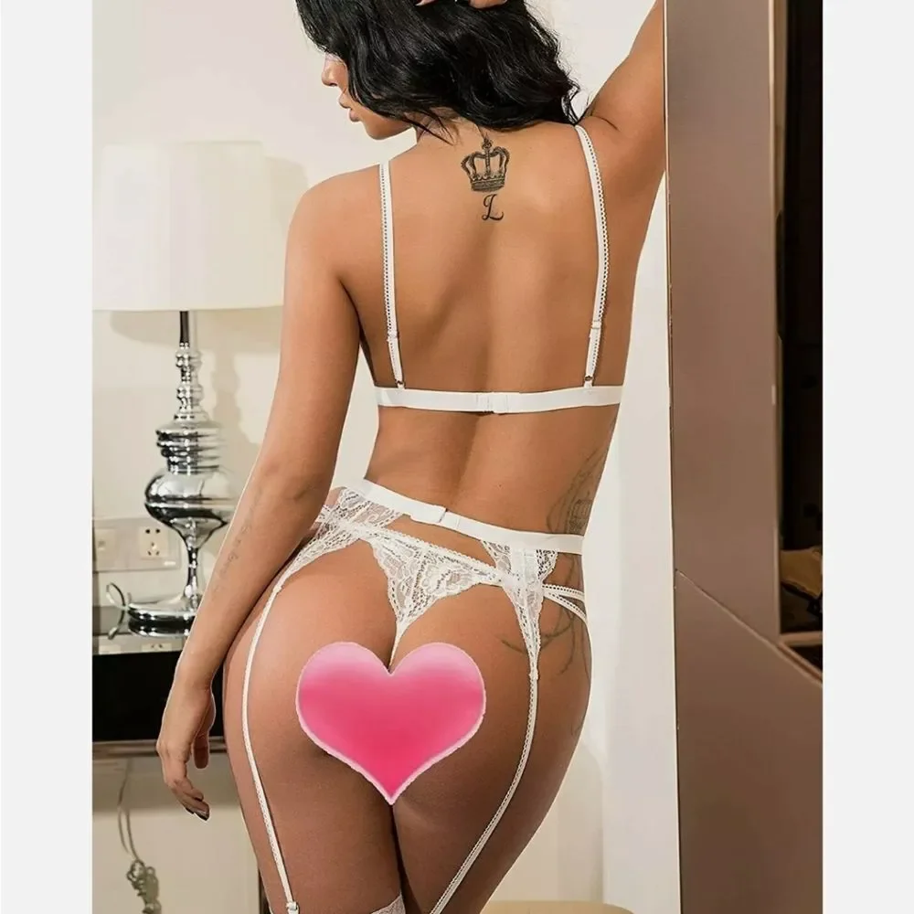 Women Sexy Lingerie Set Lace Teddy Strap Babydoll Bodysuit with Garter Belts